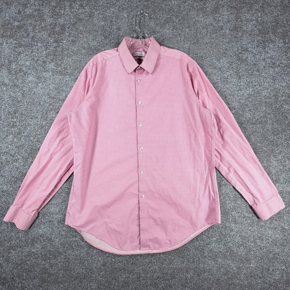 Calvin Klein Steel+ Dress Shirt Mens L PinK Geometric Stretch Non Iron Slim Fit - Picture 1 of 16